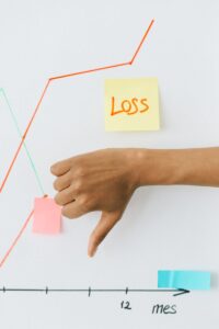 Main montrant les pouces vers le bas devant un graphique indiquant le concept de perte financière.