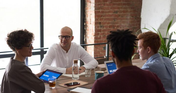Équipe diversifiée collaborant dans un environnement de bureau moderne avec des ordinateurs portables et des notes sur la table.