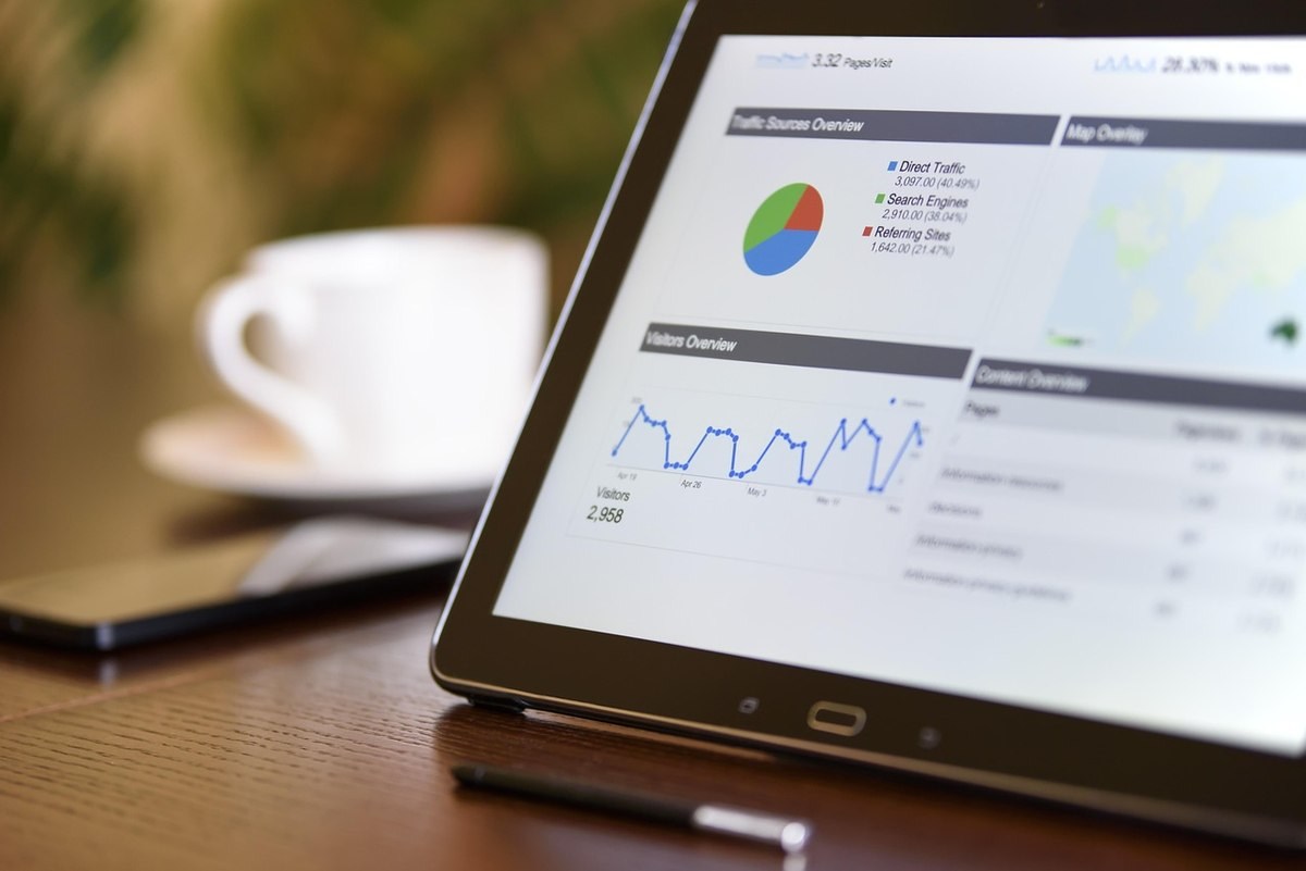 Tablette numérique affichant graphiques et statistiques, avec tasse de café à côté, sur bureau professionnel Tablette numérique affichant graphiques et statistiques, avec tasse de café à côté, sur bureau professionnel